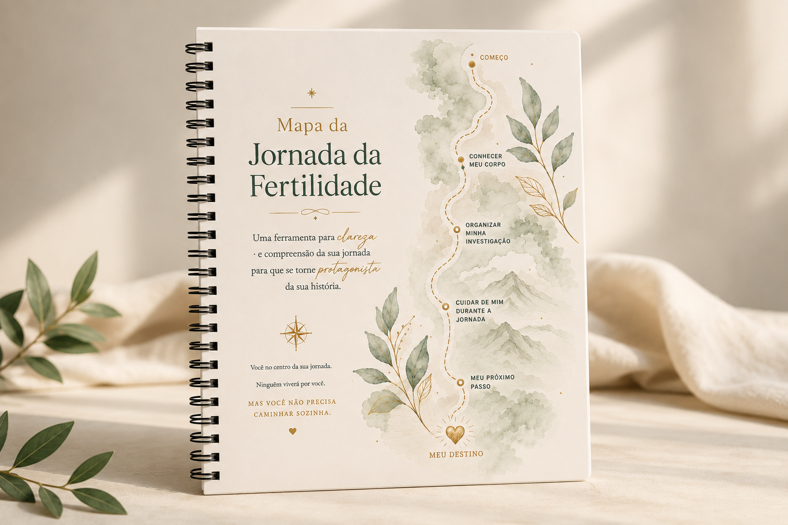 MAPA da Jornada da Fertilidade® encadernado em espiral sobre fundo bege claro